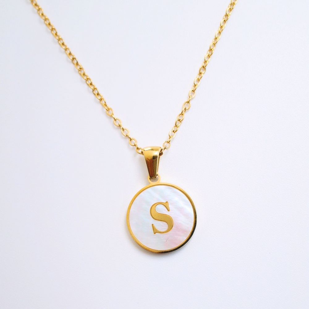 White Pearl Shell Round Pendant 18K Real Gold Plated Necklace - Initial S